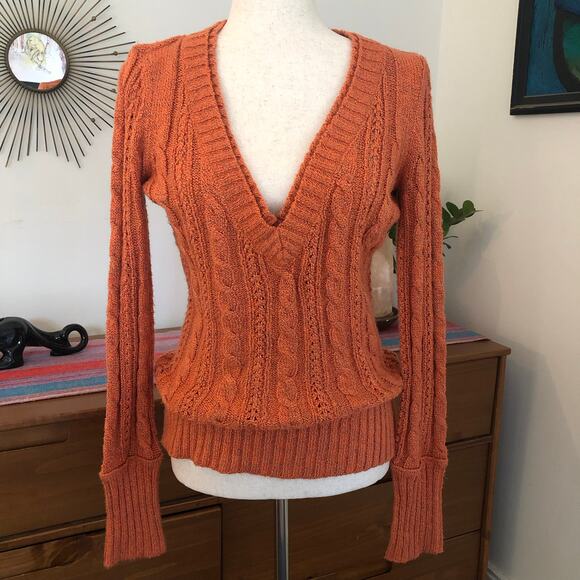 VTG Y2K Maurice’s Chunky Cable Knit Sweater Burnt Orange Deep V Neck Long Sleeve - Picture 1 of 8